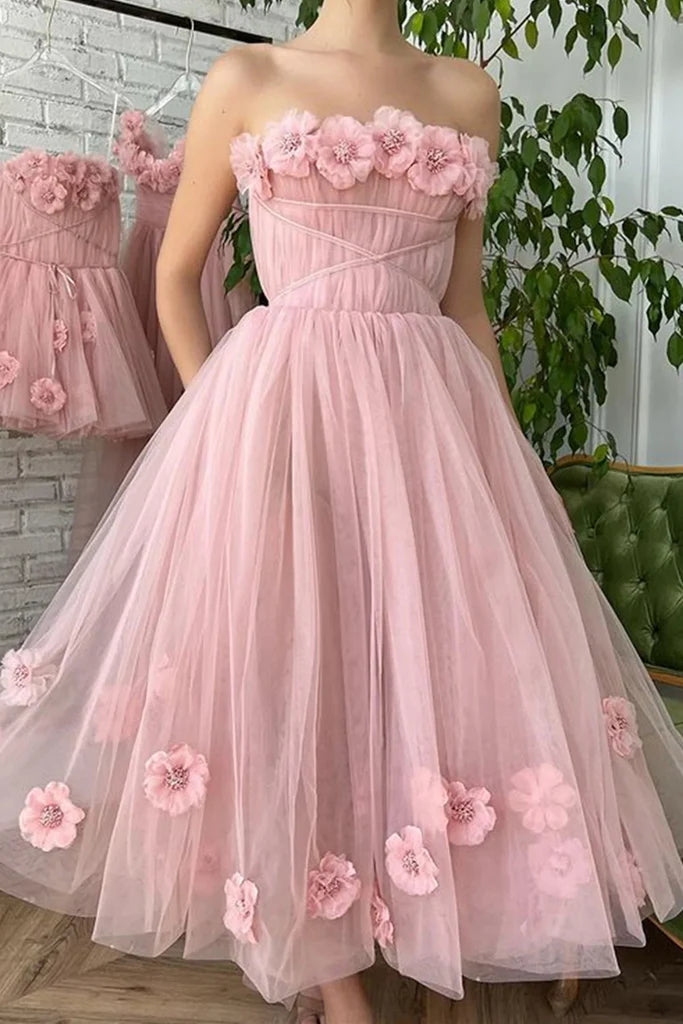 Wholesale A Line Tea Length Pink Floral Appliques Prom Dresses
